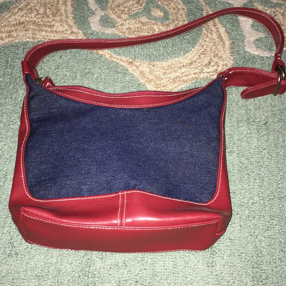 Denim & red faux leather purse
